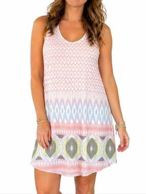 KORI Pastel Bohemian Macrame Pink Ikat Sleeveless Keyhole Dress Small